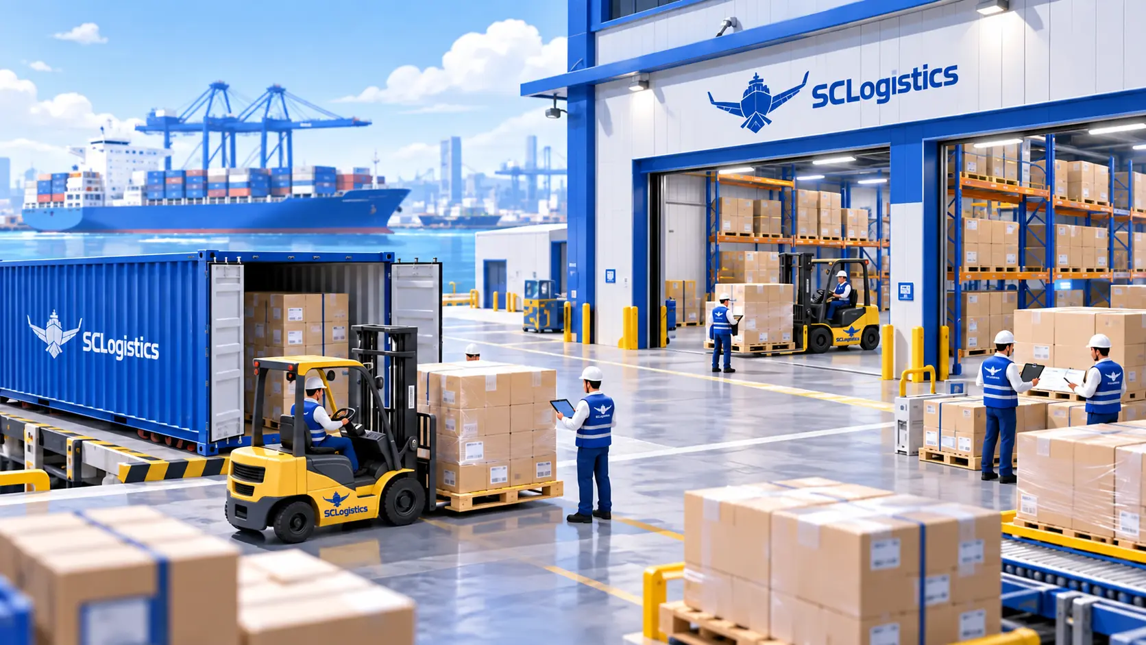 Bodega con carga y grúas horquilla de SCLogistics