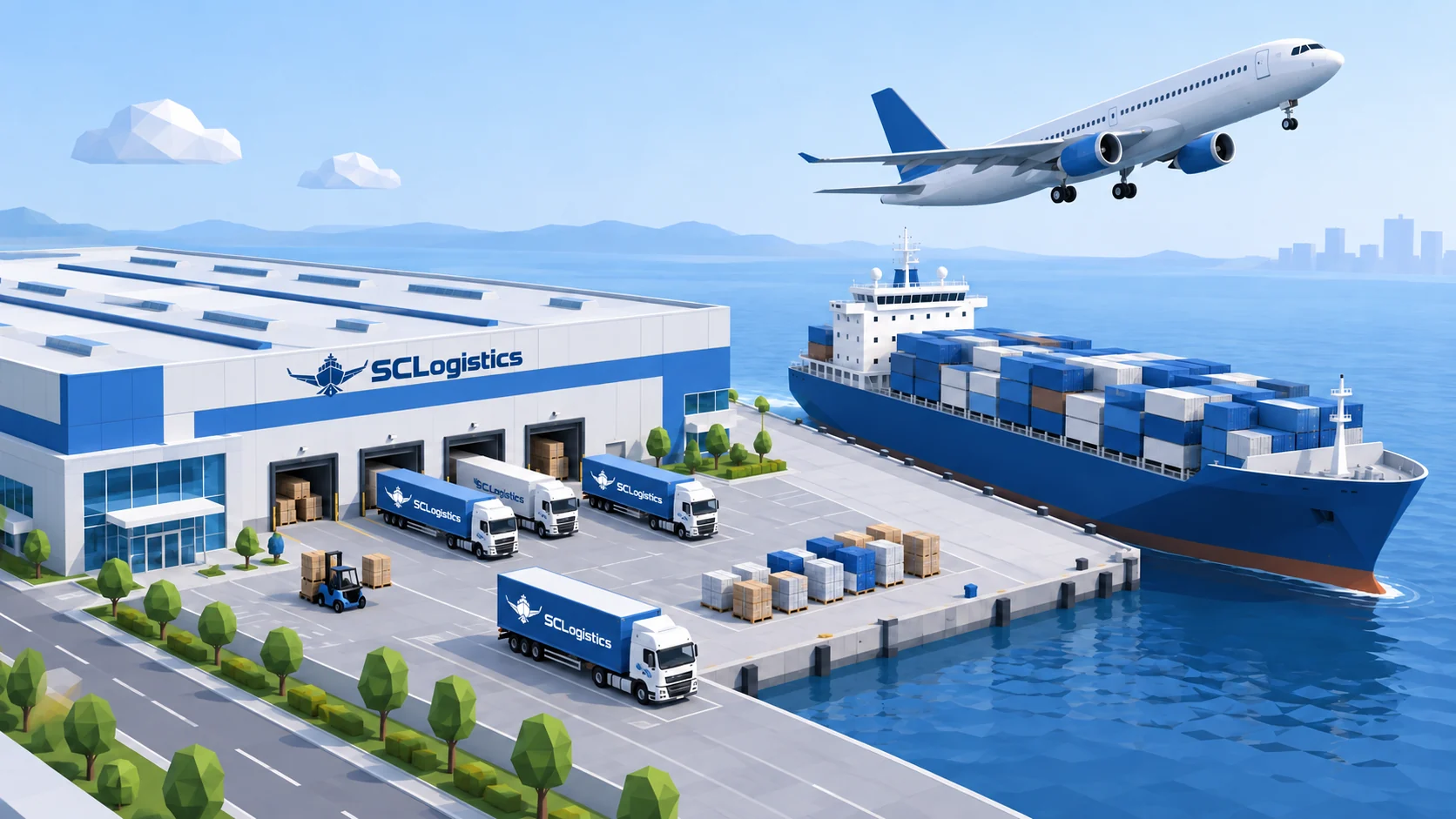 Operación de transporte con camiones, barco, avión y centro logístico
